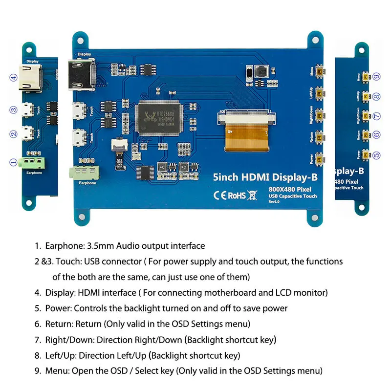 Elecrow 5 дюймов сенсорный экран Экран Портативный монитор HDMI 800x480 емкостный Сенсорный экран Светодиодные дисплеи Raspberry Pi 4 Дисплей