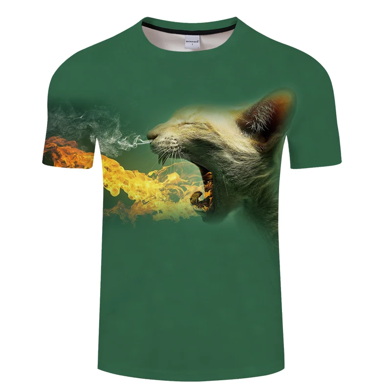 2019 new fire-breathing cat T-shirt and cuddly furry 3D print man/woman summer O collar Asian size s-6xl | Мужская одежда