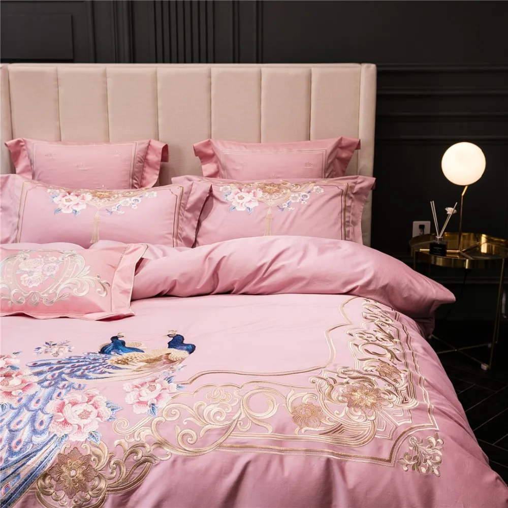 Noble 100S Egyptian cotton Embroidered Bedding sets Peacock Queen King Princess Duvet cover Bed sheet set Pillowcases 4/6pc Pink | Дом и сад
