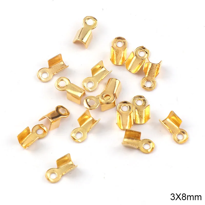 Gold 3x8 мм Обжимные бусины с застежками, концевые колпачки для шнура, лента, кожаный зажим, складной DIY ожерелье, соединители фурнитура для украшений - Цвет: Gold