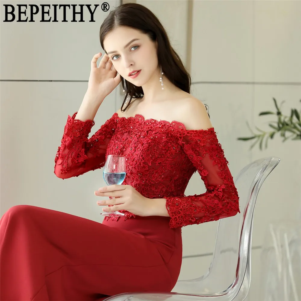 BEPEITHY vestido de festa дизайн вырез лодочка, аппликация бисером красные атласные длинные в стиле русалки вечерние платья
