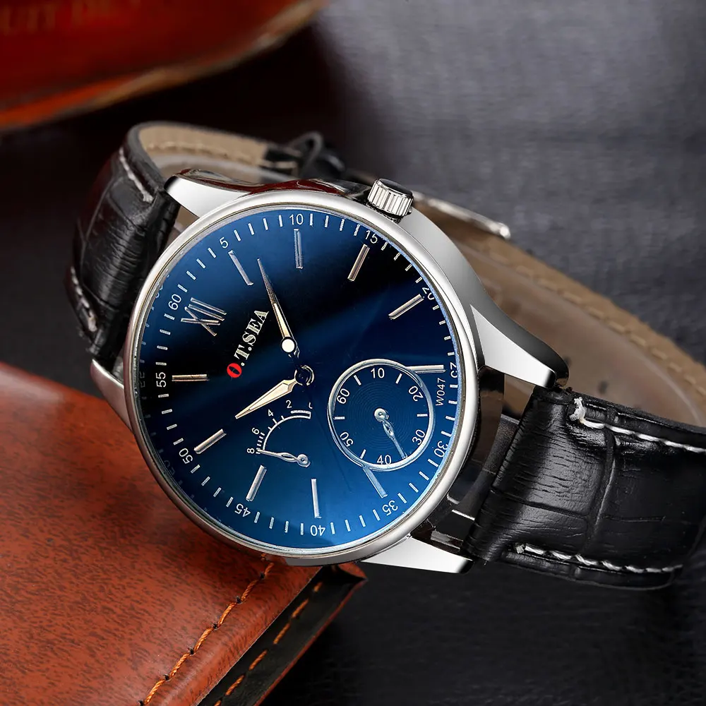 

Luxury O.T.SEA Brand Faux Leather Blue Ray Glass Watch Men Military Sports Quartz Wrist Watches W047