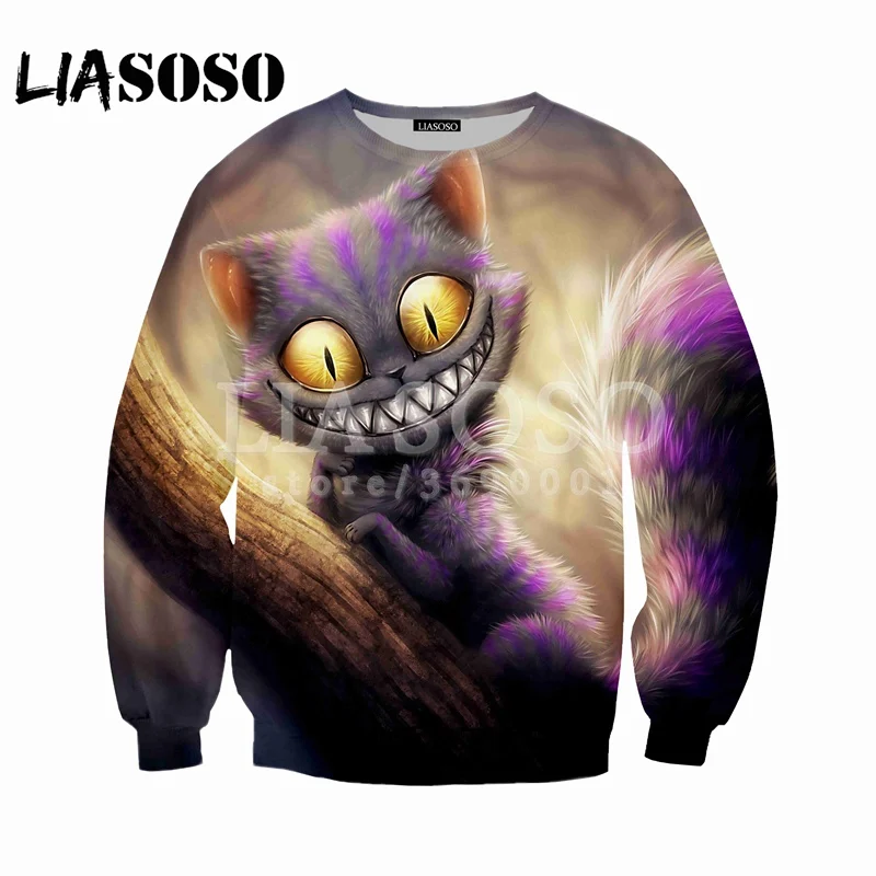 LIASOSO, новинка, толстовка, худи, 3d принт, Алиса в стране чудес, Чеширский кот, майка, мужские и женские повседневные Пуловеры с длинным рукавом X0489