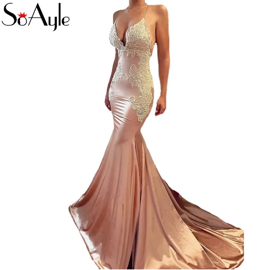 

SoAyle 2019 Wedding Party Dresses Lace Appliques Mermaid Prom Dresses for Women Strapless Satin Robe De Soiree Abiye Longo
