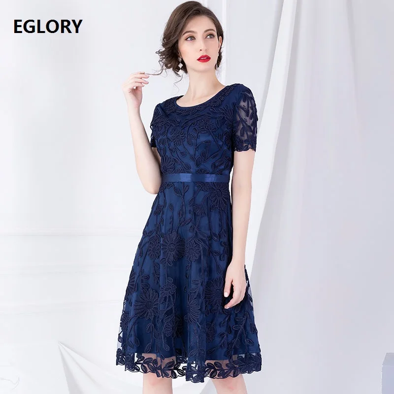 

XXXXL Dress Vestidos De Festa 2019 Summer Party Cocktail Women O-Neck Allover Appliques Embroidery Short Sleeve Blue Pink Dress