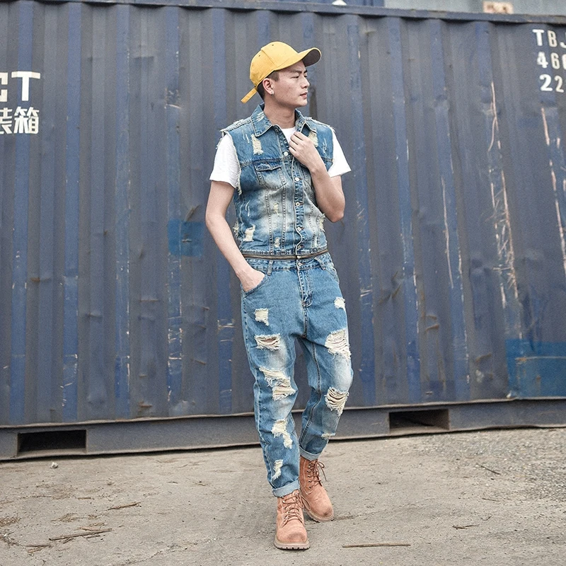 Комбинезон мужской съемный модный джинсовый Ромпер брюки до щиколотки с дырками