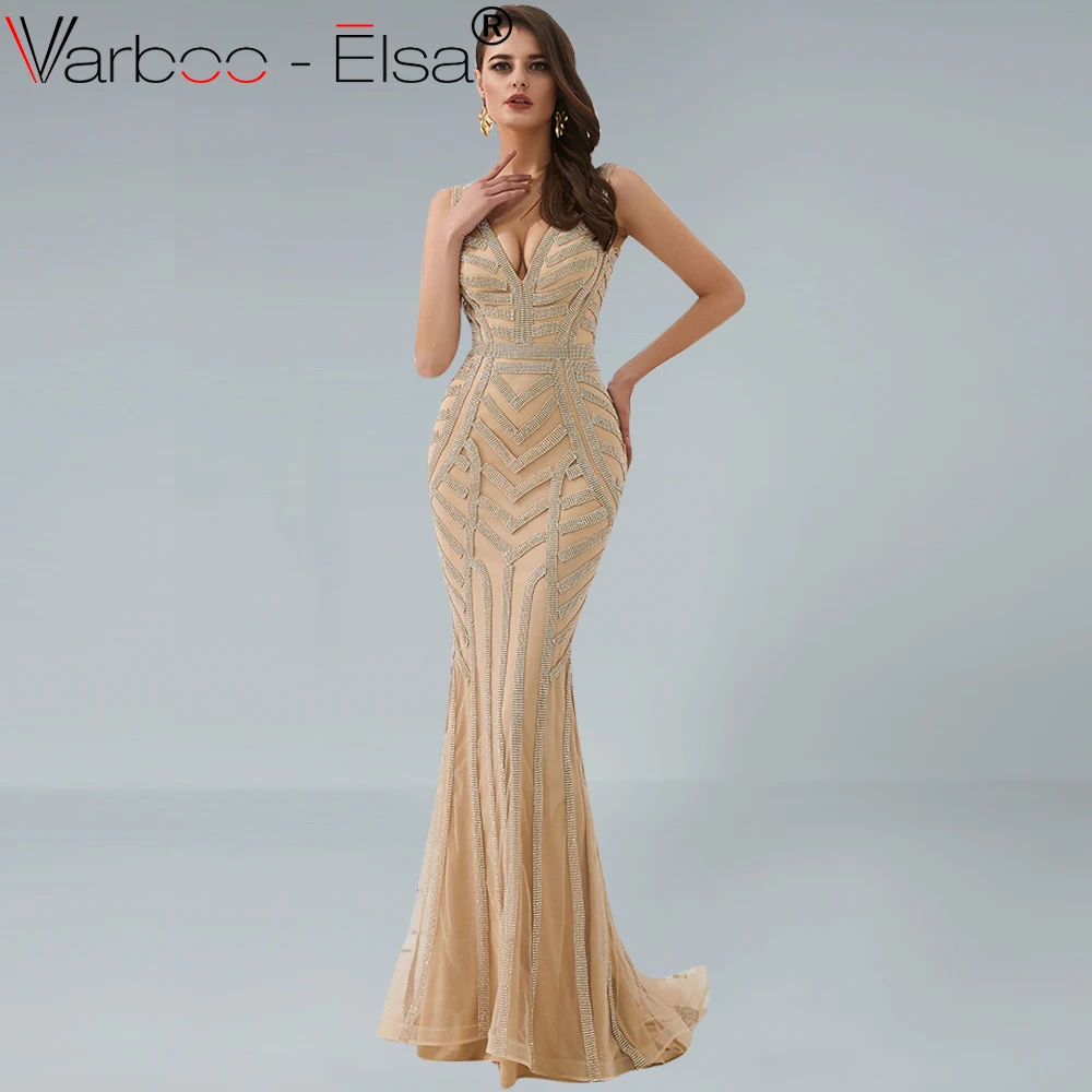 VARBOO_ELSA роскошные золотые Выпускные платья Длинные 2019 с v образным вырезом без
