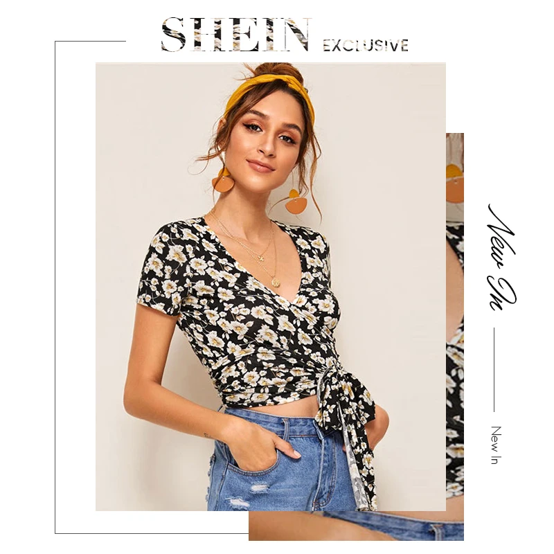 SHEIN Женская короткая футболка с цветочным принтом и завязками спереди, облегающий топ с v-образным вырезом, короткий рукав, летняя женская футболка