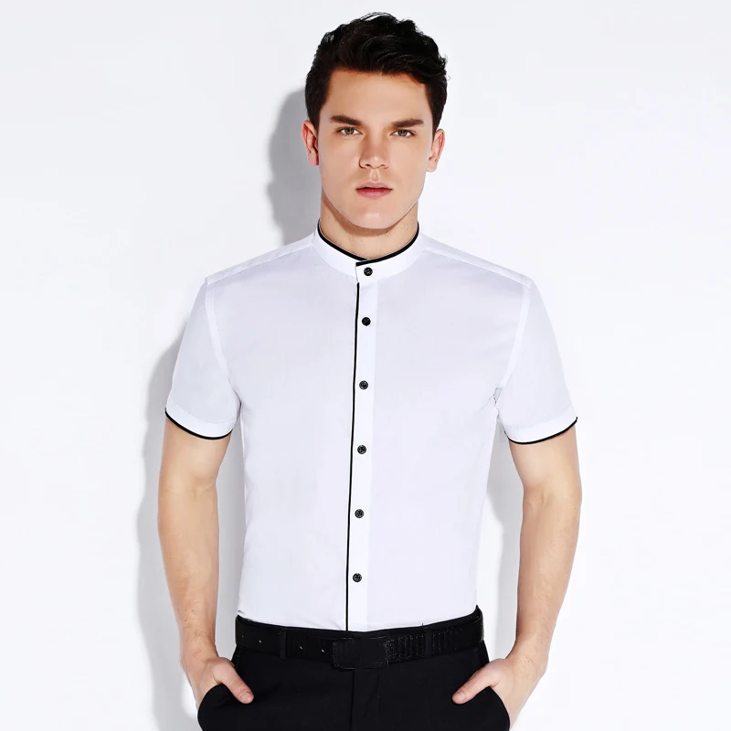 Воротник-стойка короткий рукав рубашки хлопок Для мужчин летние рубашки Slim Fit