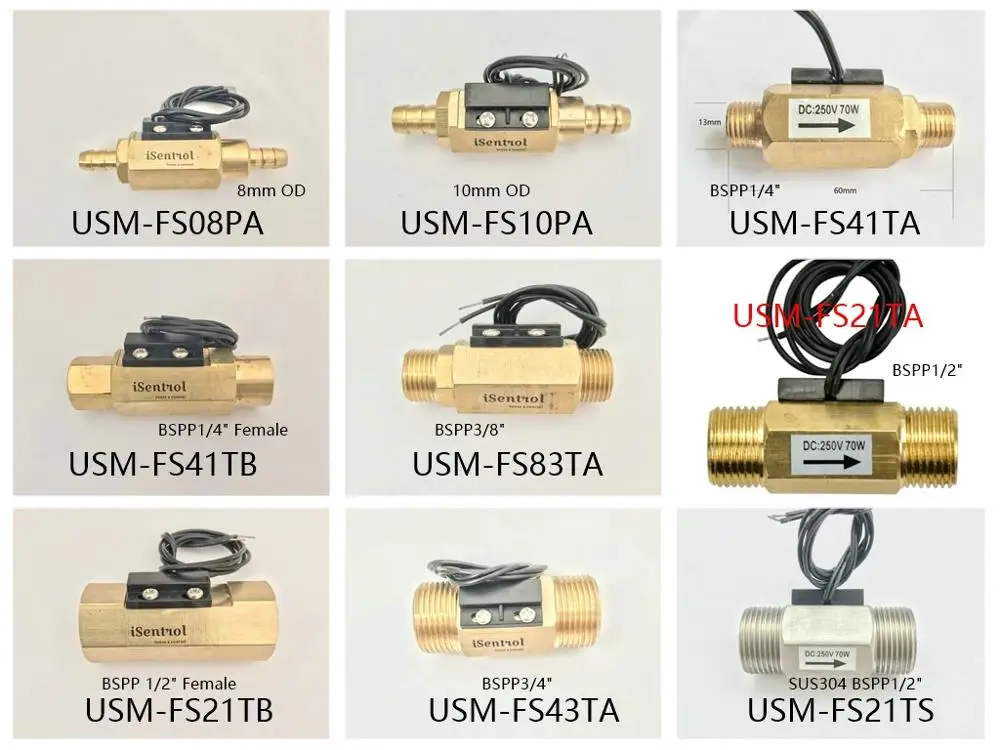 USM-FS серия, Датчик потока, геркон, латунный магнитный датчик, переключатель, 1,5-12 л/мин, 250 В постоянного тока, 70 Вт, 2 провода, Saier, датчик iSentrol
