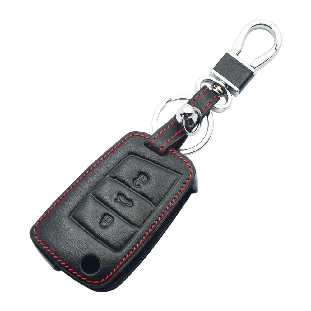 Кожаный чехол для ключей автомобиля для VW Golf 7 Volkswagen GTI R GTE MK7 Skoda Octavia A7 SEAT Leon Ibiza 3 кнопки складной чехол дистанционного брелока - Название цвета: Черный