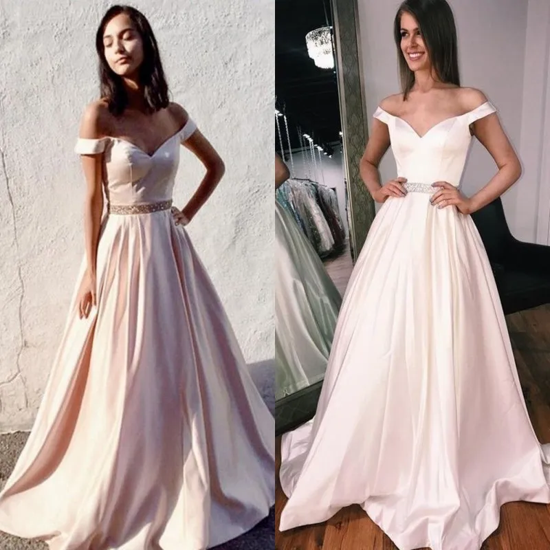 

Sexy V-Neck Off The Shoulder A-Line Court Train Crystal Beaded Sash Satin Evening Dresses Long Satin Party Gown For Prom