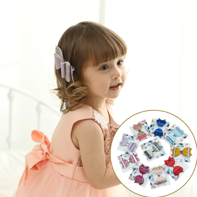 2018 Baby Girl Hair Accessories New Cartoon Children Clip Double Glitter Leather Big Bow Edge | Детская одежда и обувь
