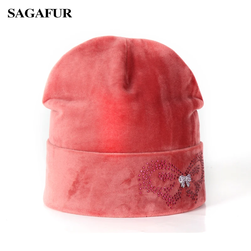 Модная брендовая Вельветовая шапка женские зимние шапки Стразы Бабочка бант