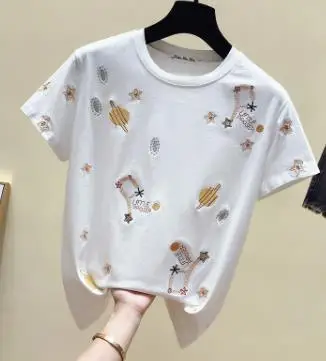 Белый Вышивка хлопок белая футболка Женские топы мода короткий рукав винтажная женская футболка Повседневная Черная футболка Femme Лето - Цвет: Белый