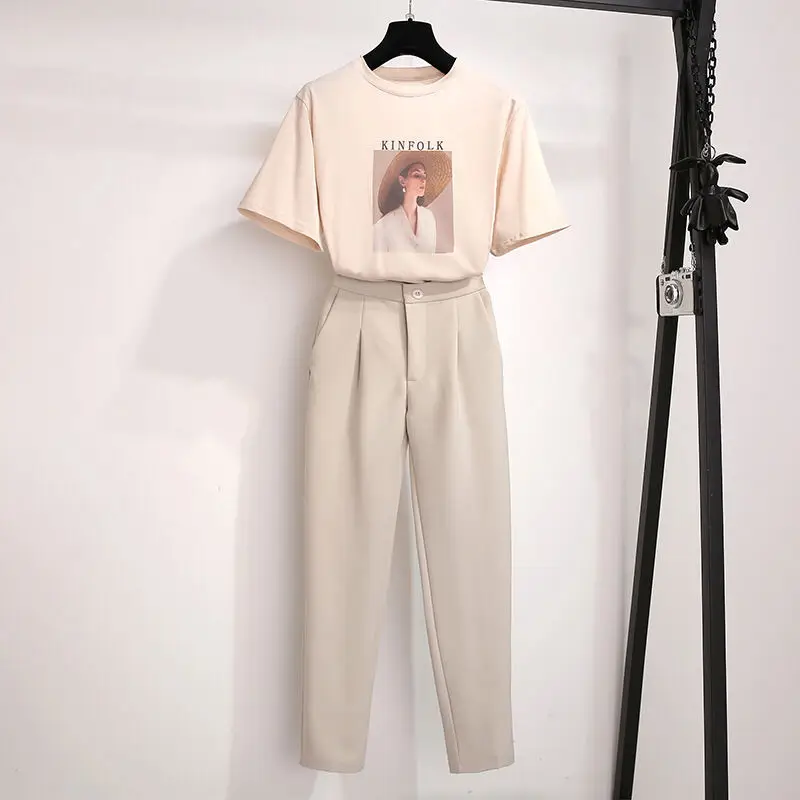 Летний женский комплект из двух предметов топ и штаны футболки с принтом +