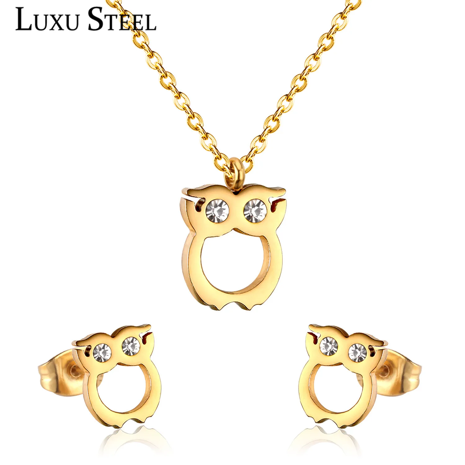 LUXUSTEEL элегантные ювелирные изделия наборы белый/черный кубический цирконий сова кулон ожерелье серьги женский Bijoux праздничная одежда оптом подарок
