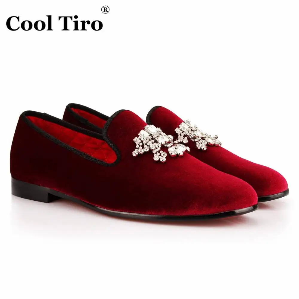 Бордовый COOL TIRO/белые бархатные модельные туфли; мужские лоферы; тапочки; стразы; кисточки; вечерние свадебные туфли на плоской подошве; Повседневная обувь без застежки - Цвет: Бордовый