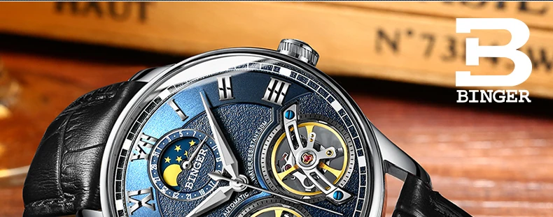 Швейцарские мужские часы с двойным Tourbillon, BINGER, автоматические часы для мужчин, модные механические наручные часы с кожаным ремешком