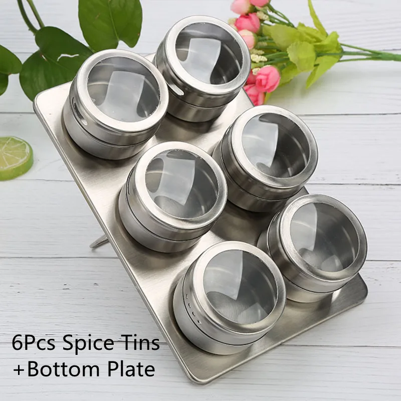 6Pcs(Bottom Plate) 1 Набор с магнитным дном для специй Набор банок с наклейками из нержавеющей стали для специй солевые банки хранилище специй контейнер для перца приправа спреи инструменты - Цвет: 6Pcs(Bottom Plate)