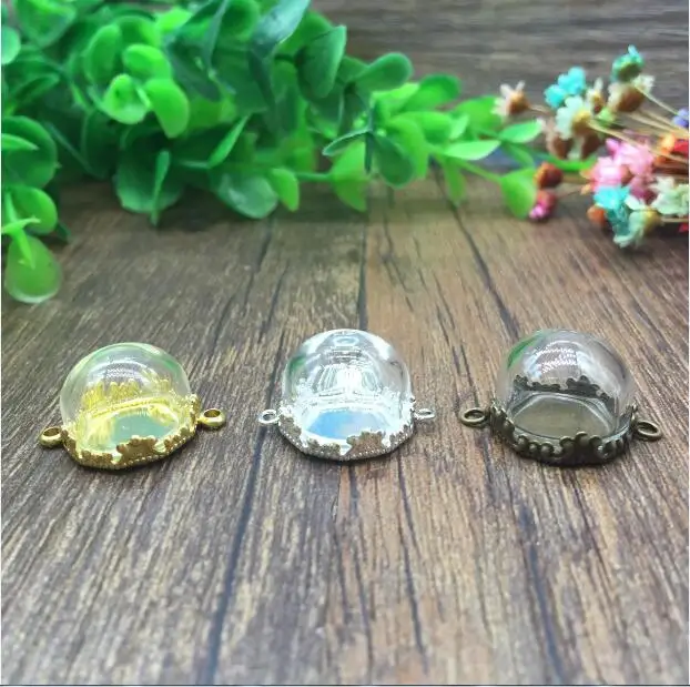 

5sets/lot 15mm half round glass dome setting metal base set glass vial pendant jewelry glass globe bottle necklace pendants