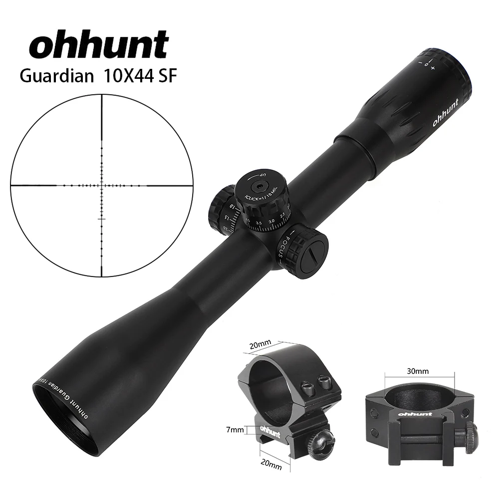 Ohhunt Guardian 10X44 SF охотничьи оптические прицелы сторона параллакса тактический прицел башенки Блокировка сброса фиксированное увеличение 10X прицел - Цвет: with Picatinny Rings