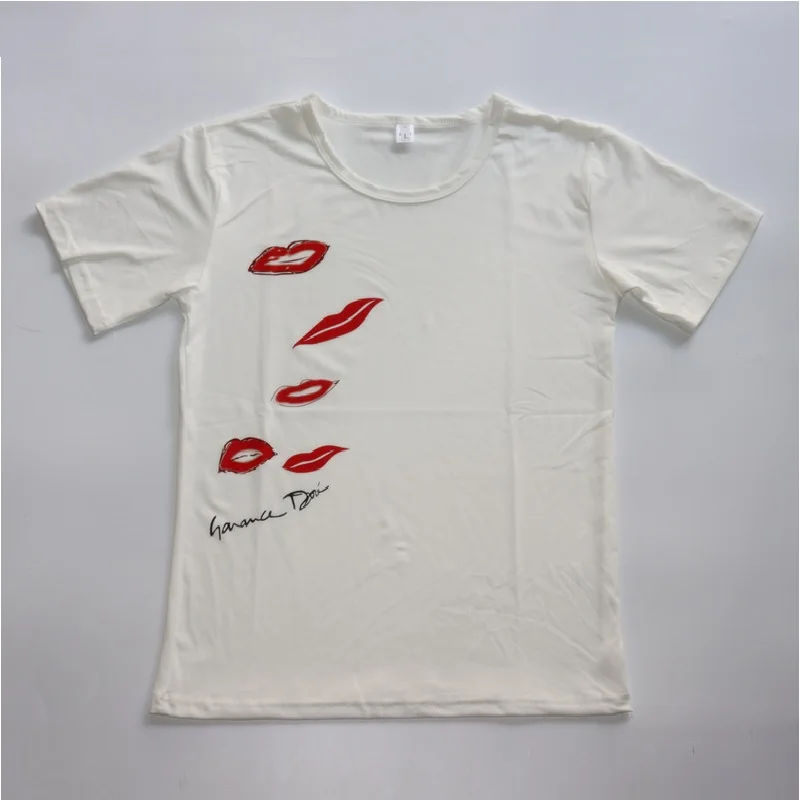 Женский летний топ с принтом губ повседневная облегающая футболка круглым