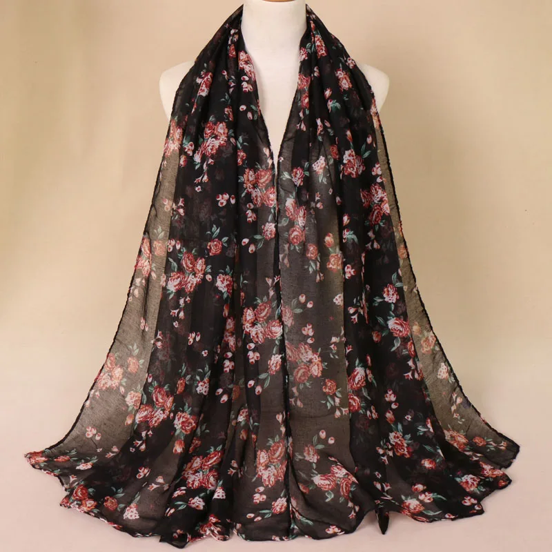

2022 New Autumn Fashion Polka Floral Voile Viscose Shawl Scarf Lady Print Soft Foulard Wrap Stole Bufandas Muslim Hijab 180*90Cm