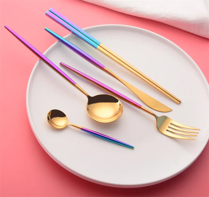 

Разноцветный столовый набор столовые приборы 304 Западная Посуда из нержавеющей стали Радужная столовая посуда нож вилка столовая посуда