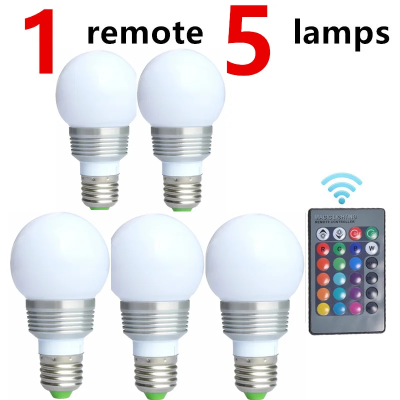 1 remote and 5 lamps Точечный светильник, светодиодный RGB лампочка E27/B22/E14 с регулируемой яркостью, волшебный праздничный светодиодный светильник, AC110V 220 В, 3 Вт, ИК-пульт дистанционного управления, 16 цветов, умный - Испускаемый цвет: 1 remote and 5 lamps