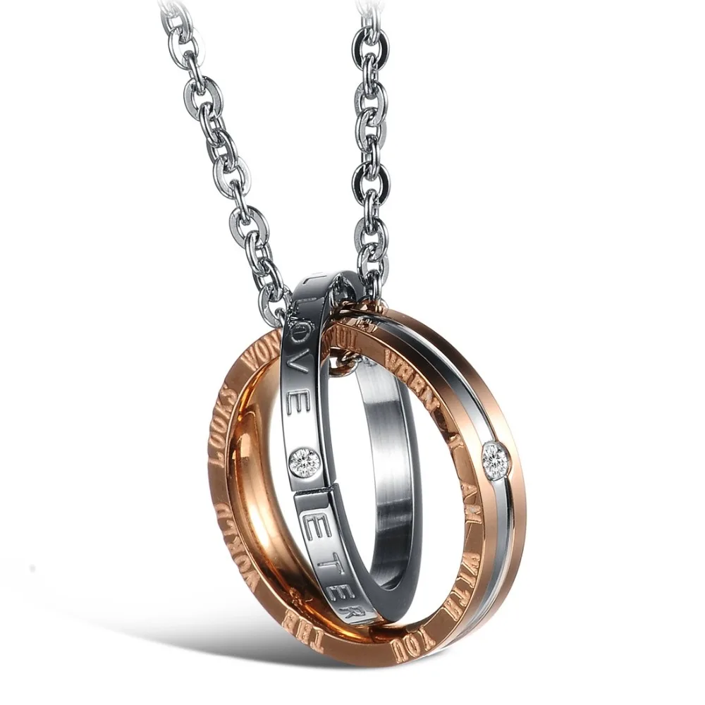 Couples Jewelry Necklaces Black Rose Gold colour Couple Necklace Titanium Steel Double rings Pendants KGX831 | Украшения и