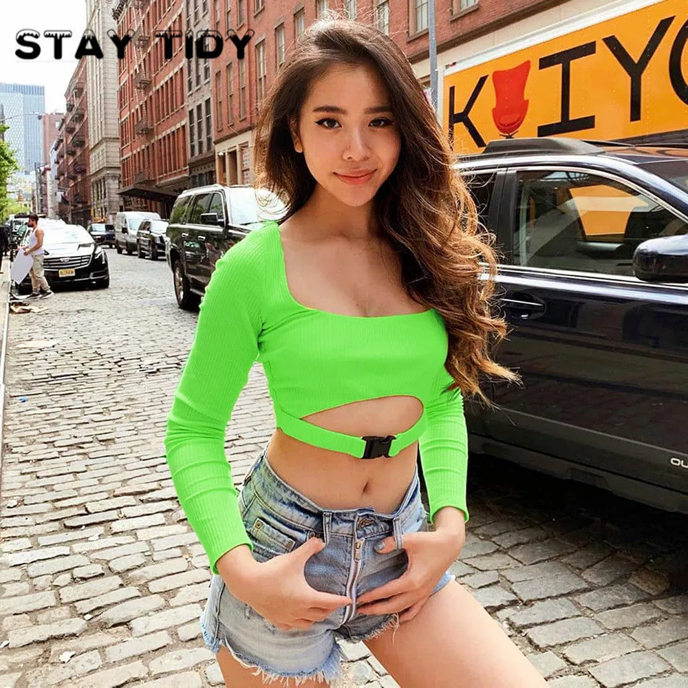 STAY TIDY Casual Knitted Hollow Out Safety Buckle Crop Tops 2019 Autumn Women Long Sleeve Square Collar T Shirt Sexy Streetwear | Женская