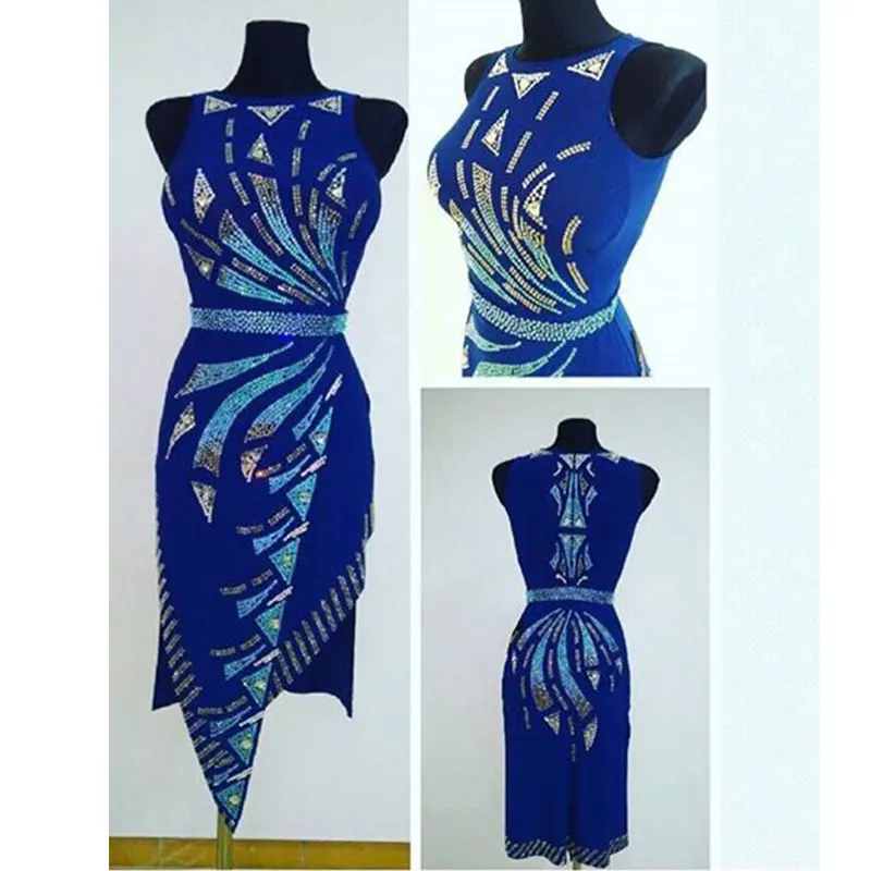 

latin dance dress women blue sleeveless latin dance dress Shiny rhinestone ballroom dance dress tango dress custom-made