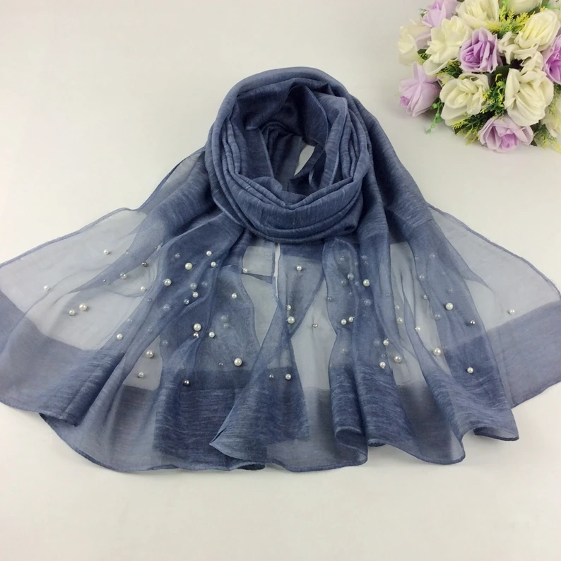 

20pcs Luxury Plain Wool Shawls With Pearls And Silk Cotton Women Long Scarves Muslim Hijab Wraps