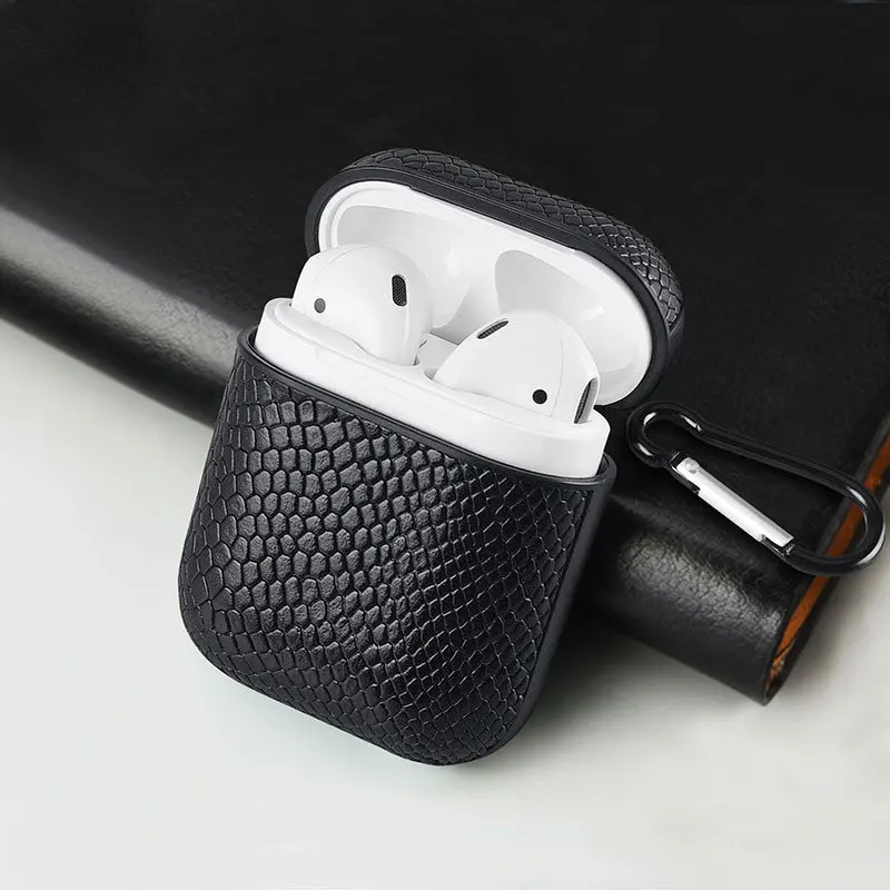 Black VETOMEET роскошные змеиной кожи Bluetooth беспроводной Чехол для наушников для Apple Airpods зарядное устройство крышка Крюк дизайн ультра тонкий - Цвет: Black