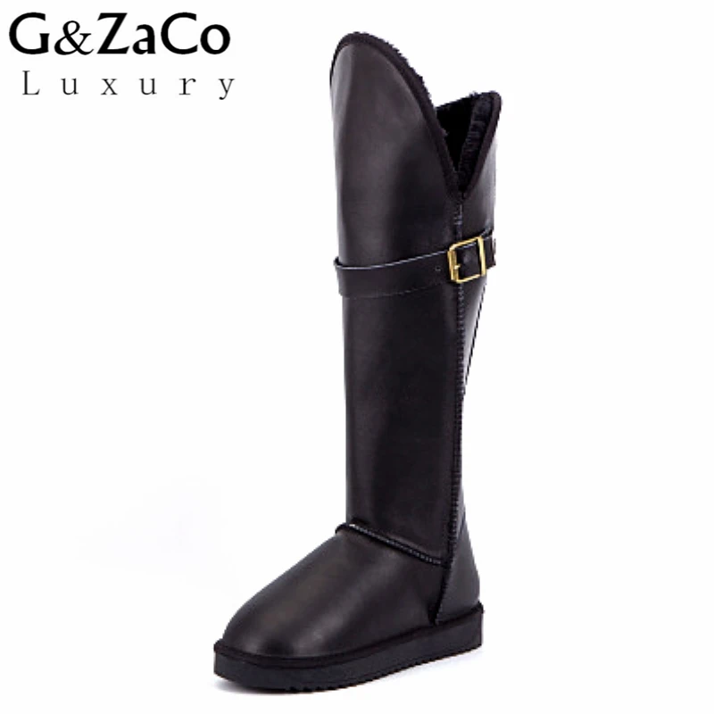 G& Zaco/роскошные новые зимние сапоги из натуральной воловьей кожи высокие зимние сапоги до колена женские водонепроницаемые сапоги на толстом меху с пряжкой - Цвет: black smooth