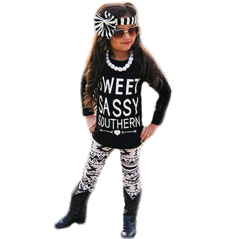 

SOSOCOER Girls Clothing Sets 2017 New Autumn Letter Arrow T Shirt+Geometric Pants+Stripe Bow Headband 3pcs Kids Girl Clothes Set