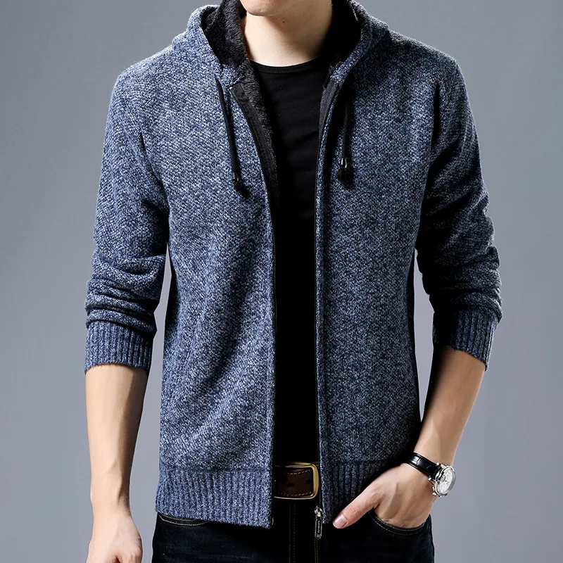 Classic Solid Men Jacket Thicken Fleece Knitting Cardigan Hooded Jackets Male Coats Autumn Winter Men's Clothing M-XXXL | Мужская