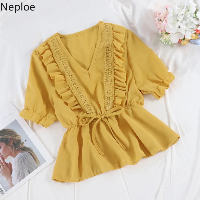 Neploe Лето 2019 женские топы милая девушка v образным вырезом Фонарь короткий рукав
