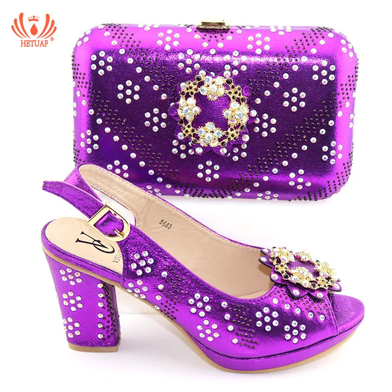 Новинка комплект из туфель и сумочки фиолетового цвета в нигерийском стиле со