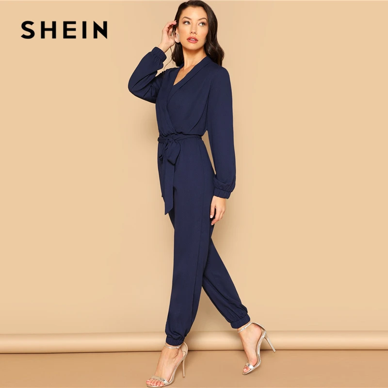 SHEIN Однотонный Комбинезон С Глубоким Вырезом И Поясом Элегантный Комбинезон С Длинным Рукавом