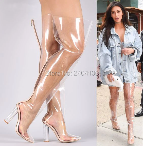 

2018 Kim Kardashian PVC Rain Botas Black Nude Clear Thigh High Boots Perspex Crystal Chunky Heel Over Knee Transparent Booties