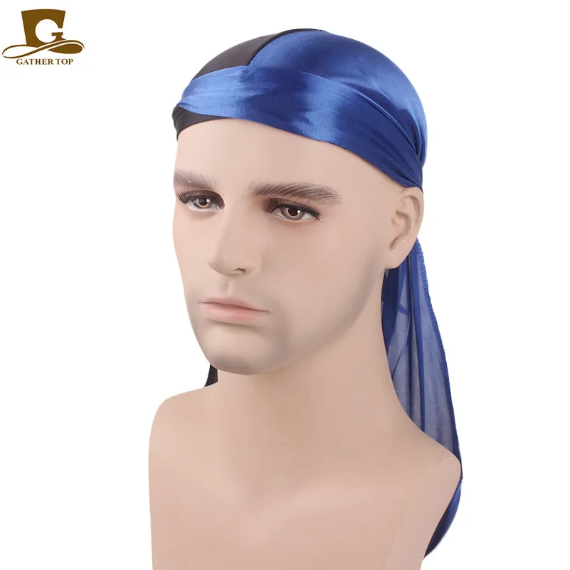 Фото Новинка модные двухцветные мягкие атласные Durag мужские шелковые Лоскутные прочные банданы-тюрбан головной убор аксессуары для волос №2