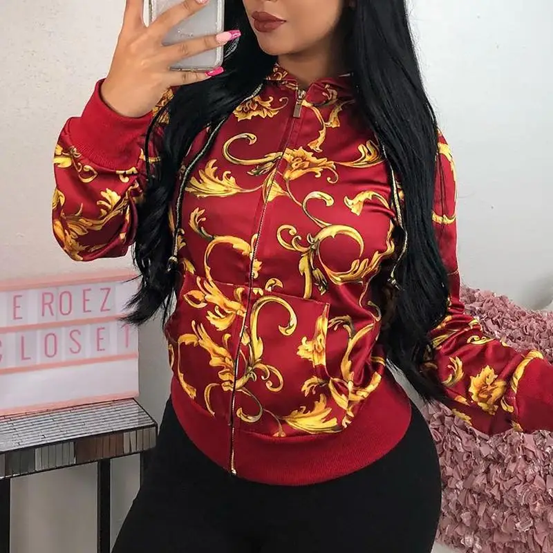 Женская Весенняя куртка на молнии с капюшоном и принтом в стиле барокко | одежда