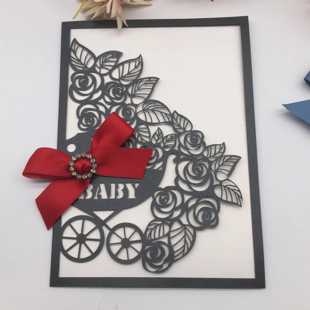 

30Pcs Laser Cut Pearl paper Baby Shower Girl's Birthday Invitation Cards Event&Party Supplies with ribbon bowknot&Buckle