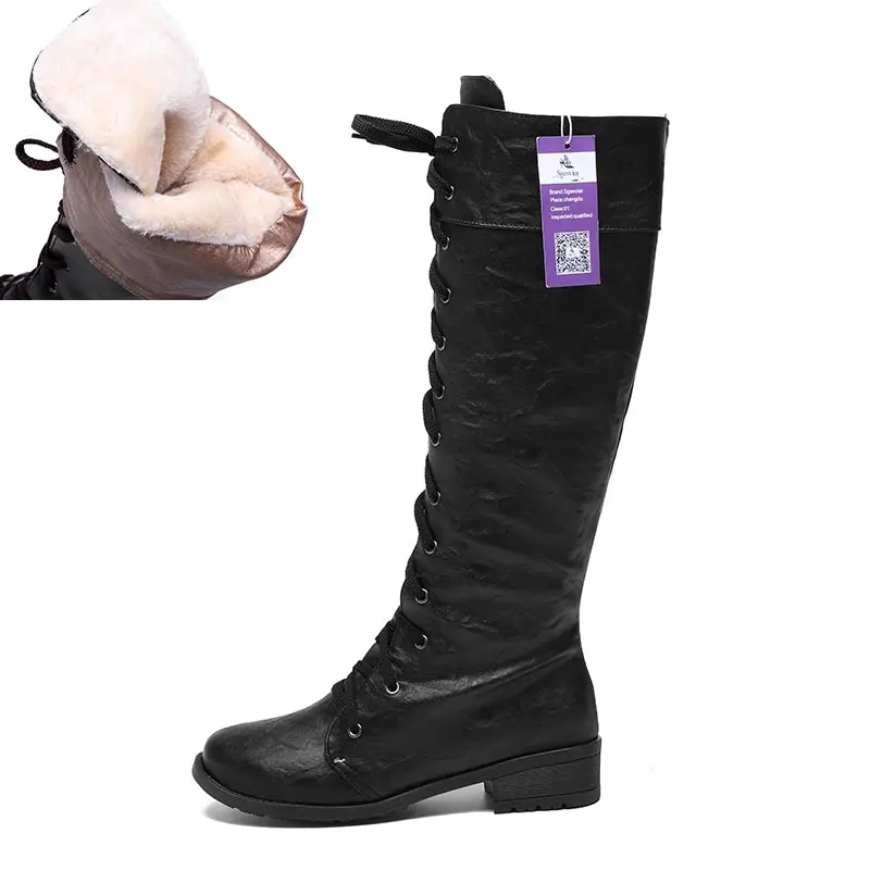 Black thick fur SGESVIER/женские ботинки; ботинки для костюмированной вечеринки; Цвет черный, белый; сапоги до колена; модная обувь для женщин; мотоботы на шнуровке; размеры 34-43; OX008 - Цвет: Black thick fur