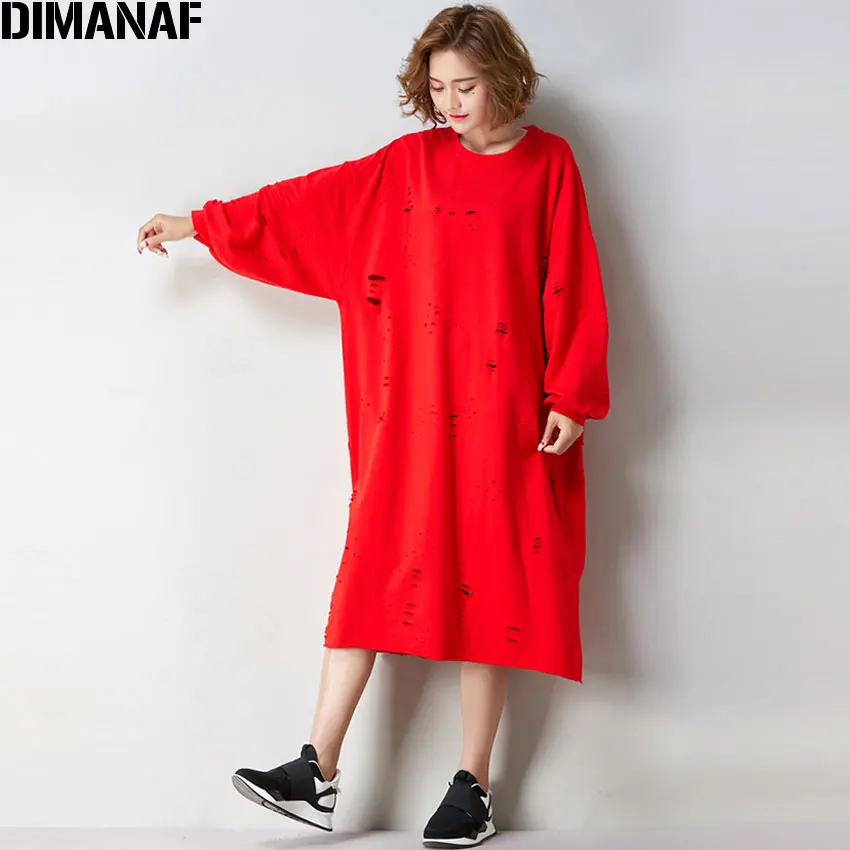Tu6043Red DIMANAF, женское платье, осенний стиль, высокая уличная мода размера плюс, хлопковое платье, однотонное, с дырками, женское, повседневное, модное, больше размера, свободные платья - Цвет: Tu6043Red