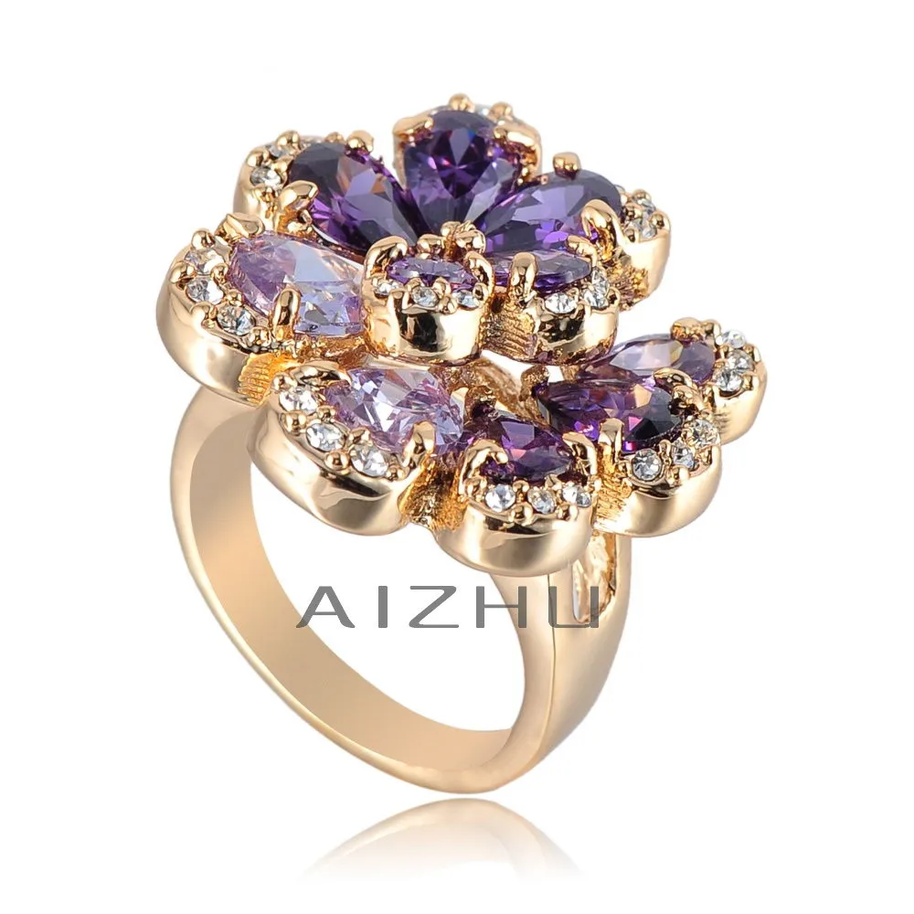 Free Shipping Charms Flower Shape Purple Zircon Women Rings Jewelry 18K Gold Plated Crystal Wedding Ring Size 5.5-10 | Украшения и