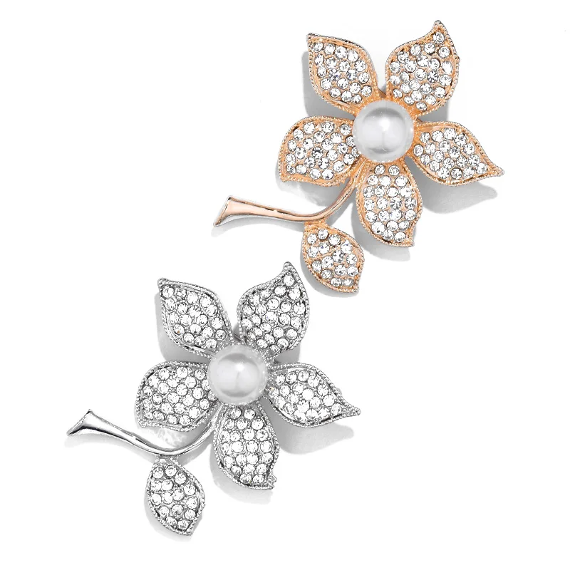 New Elegant White Crystal Rhinestone Flower Brooch Pin Fashion Wedding Bride Bridesmaid Simulated-pearl Brooches Pins Jewelry | Украшения и