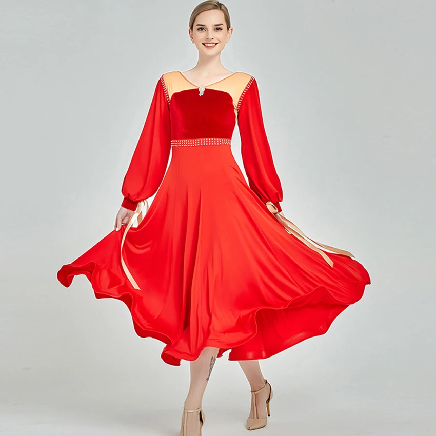 Ballroom dance dress Modern puff sleeve velvet one piece flamenco rumba samba walt standard group clothes | Тематическая одежда и